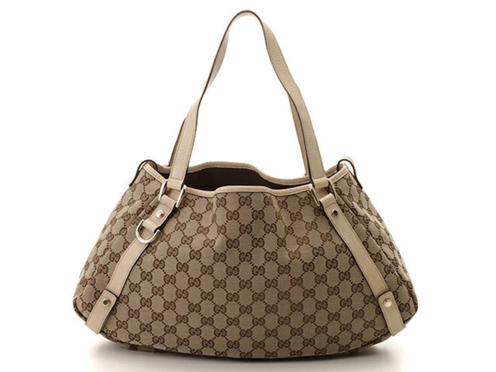 Gucci Shoulder Tote Bag Canvas Calfskin Brown Ivory White